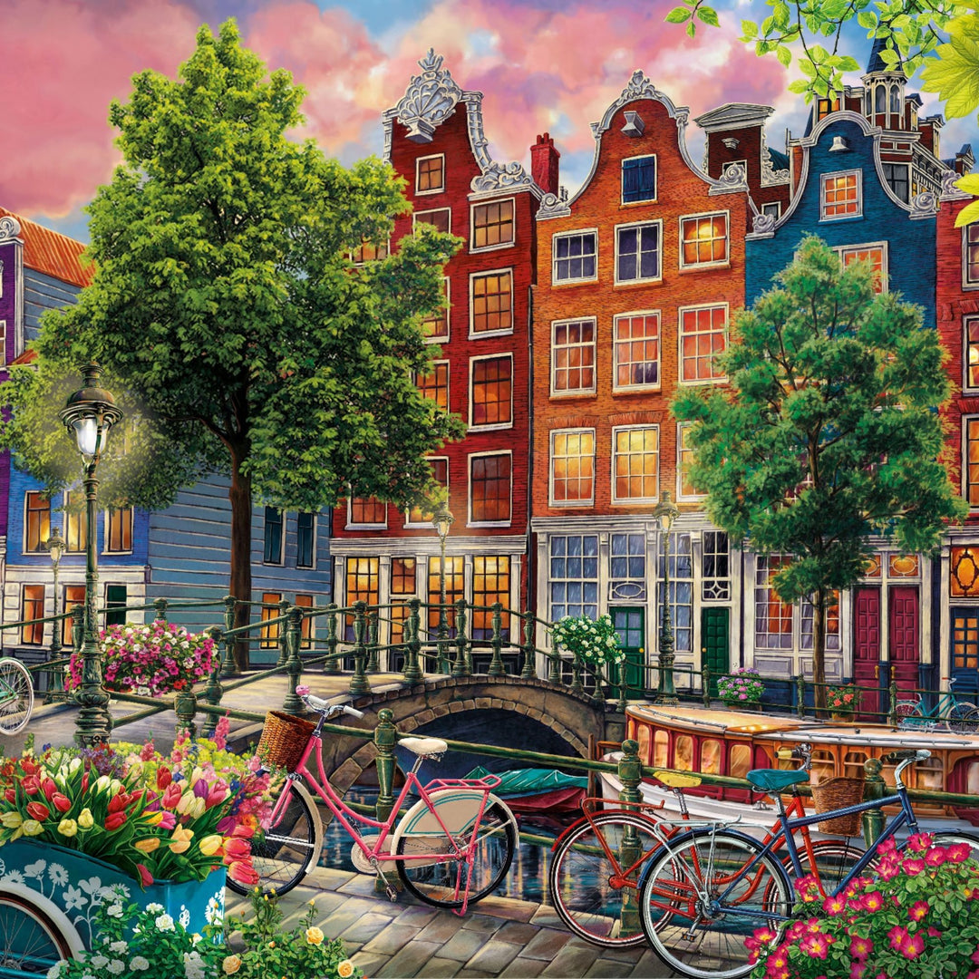 Paint by numbers canvas of a European canal street with tall townhouses and bicycles