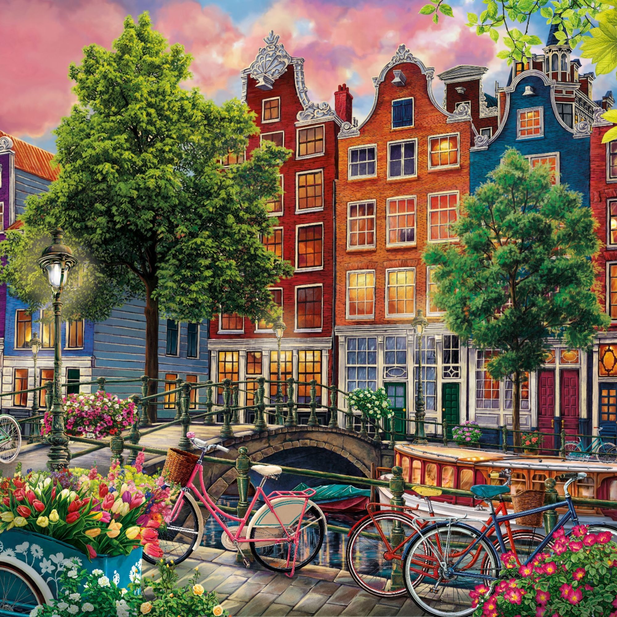 Paint by numbers canvas of a European canal street with tall townhouses and bicycles
