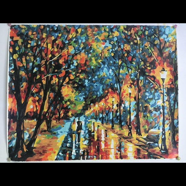 Paint by numbers completed by a customer: an autumn park path lit by street lamps
