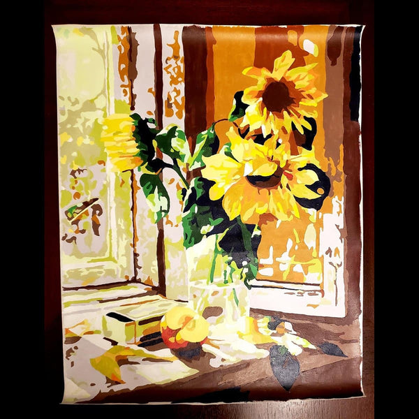 Paint by numbers completed by a customer: sunflowers in a jug on a sunlit windowsill