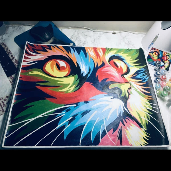 Paint by numbers completed by a customer: a cat's face in bold rainbow colors