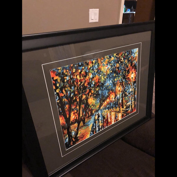 Paint by numbers completed by a customer: a framed autumn park path with street lamps