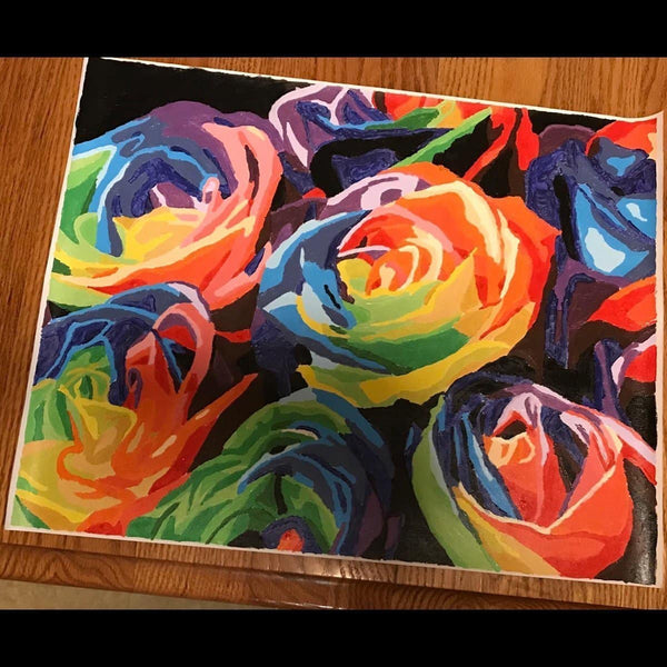 Paint by numbers completed by a customer: roses in bold rainbow colors