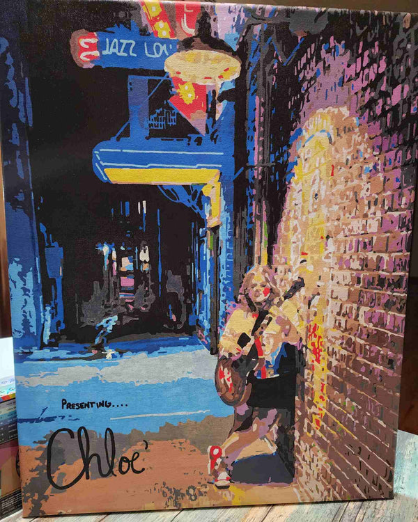 Custom paint by numbers made from Justina S's own photo: a guitarist in an alley outside a jazz club at night