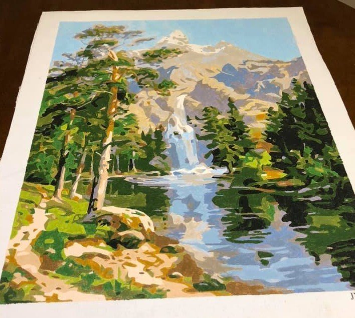 Paint by numbers completed by Bec N: a waterfall falling between birches below a mountain