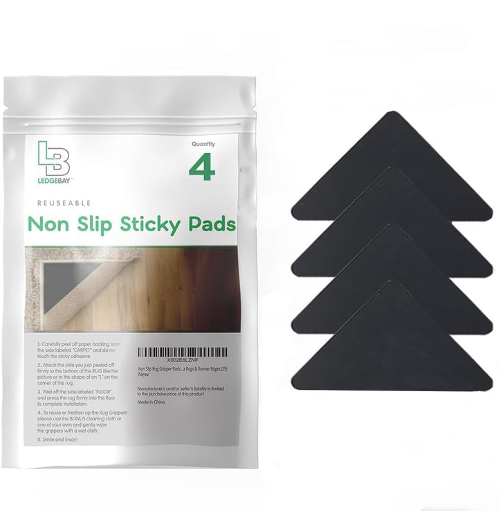 Ledgebay triangle rug grippers, 4 pack of black reusable corner pads for holding rugs flat