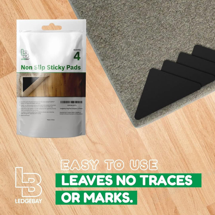 Triangle rug grippers shown working on hardwood, laminate, tile and low pile carpet floors