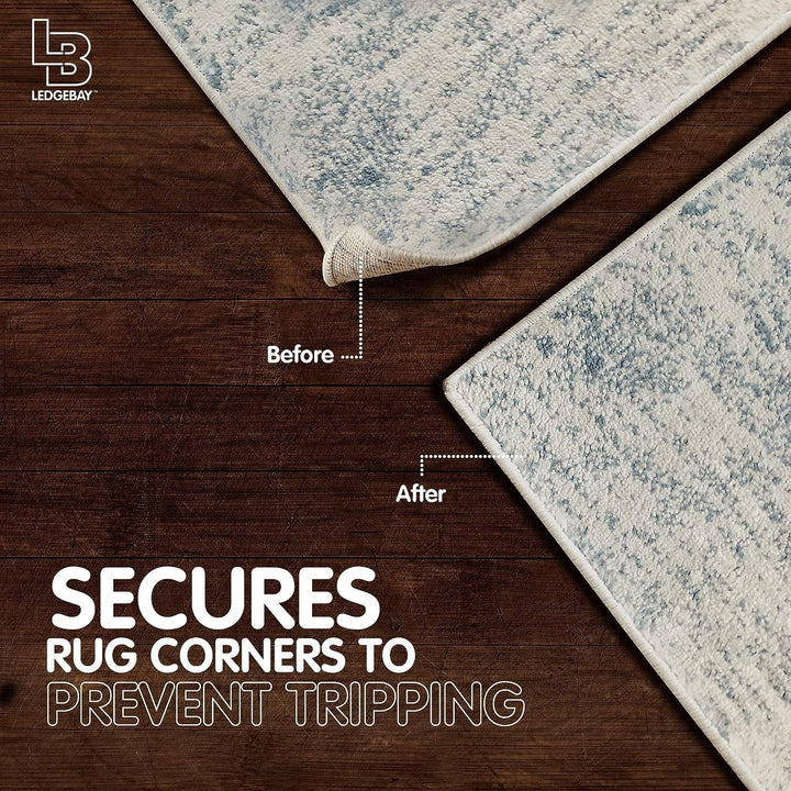 Step by step instructions for applying a triangle rug gripper to a rug corner and floor