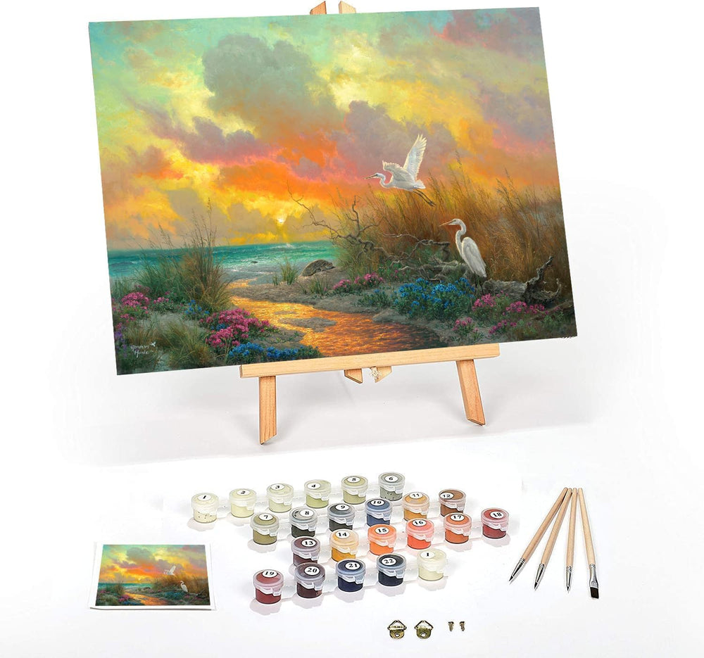 Finished Morning Glory paint by numbers canvas on the included wooden easel with paints and brushes